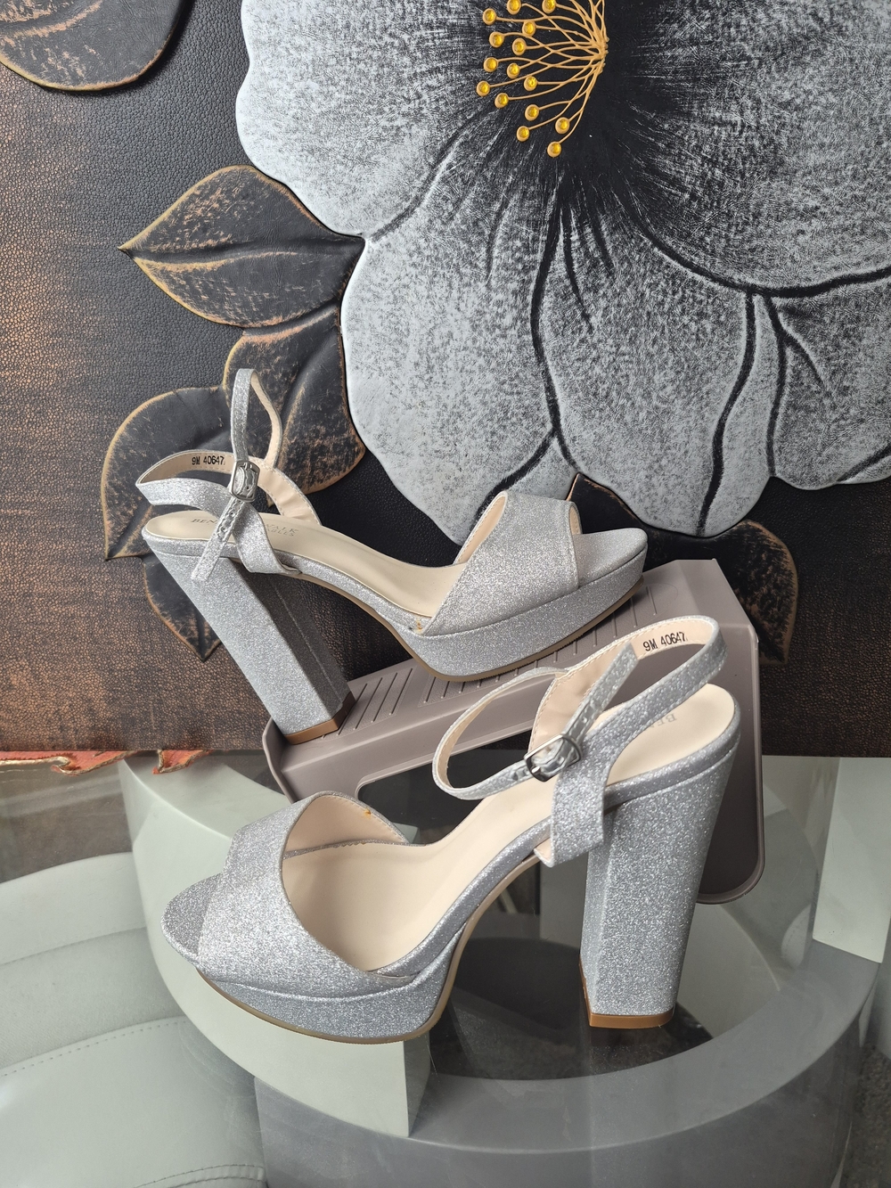 Benjamin Walk Silver Glitter Platform Block Heel Sandals
